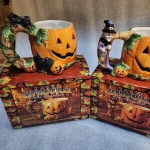 Ceramic Halloween Pumpkin Mug Set Witch And Cat Oversized Hand Painted